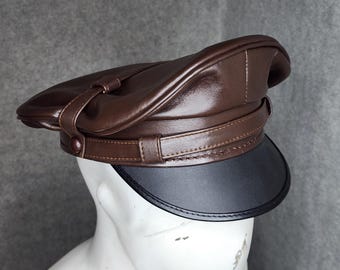 Gorra de motociclista de piel de oveja auténtica - Gorra de motociclista vintage con visera - Gorra de oficial ajustable