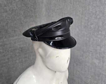 Black Leather Muir Cap, Glossy Fetish Master Hat,  BDSM Leather Daddy Roleplay Headwear