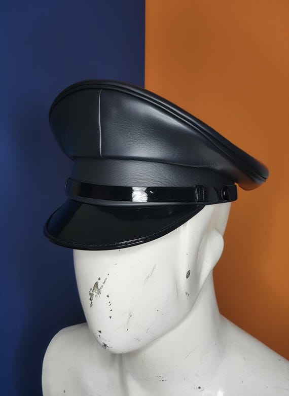 Black Leather Muir Biker Peaked Police Hat Necklace And Bracelet Set Custom Amazon.com: Genuine Real Leather Black Army Muir Biker  main image 3