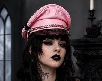 Edgy Goth Fashion Leather Biker Hat - Authentic Punk Motorcycle Cap with Metal Chain