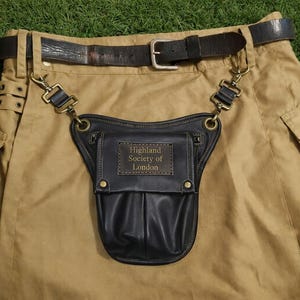 Custom Black Leather Sporran with Personalized Patch - Scottish Highland Kilt Bag, Celtic Belt Pouch