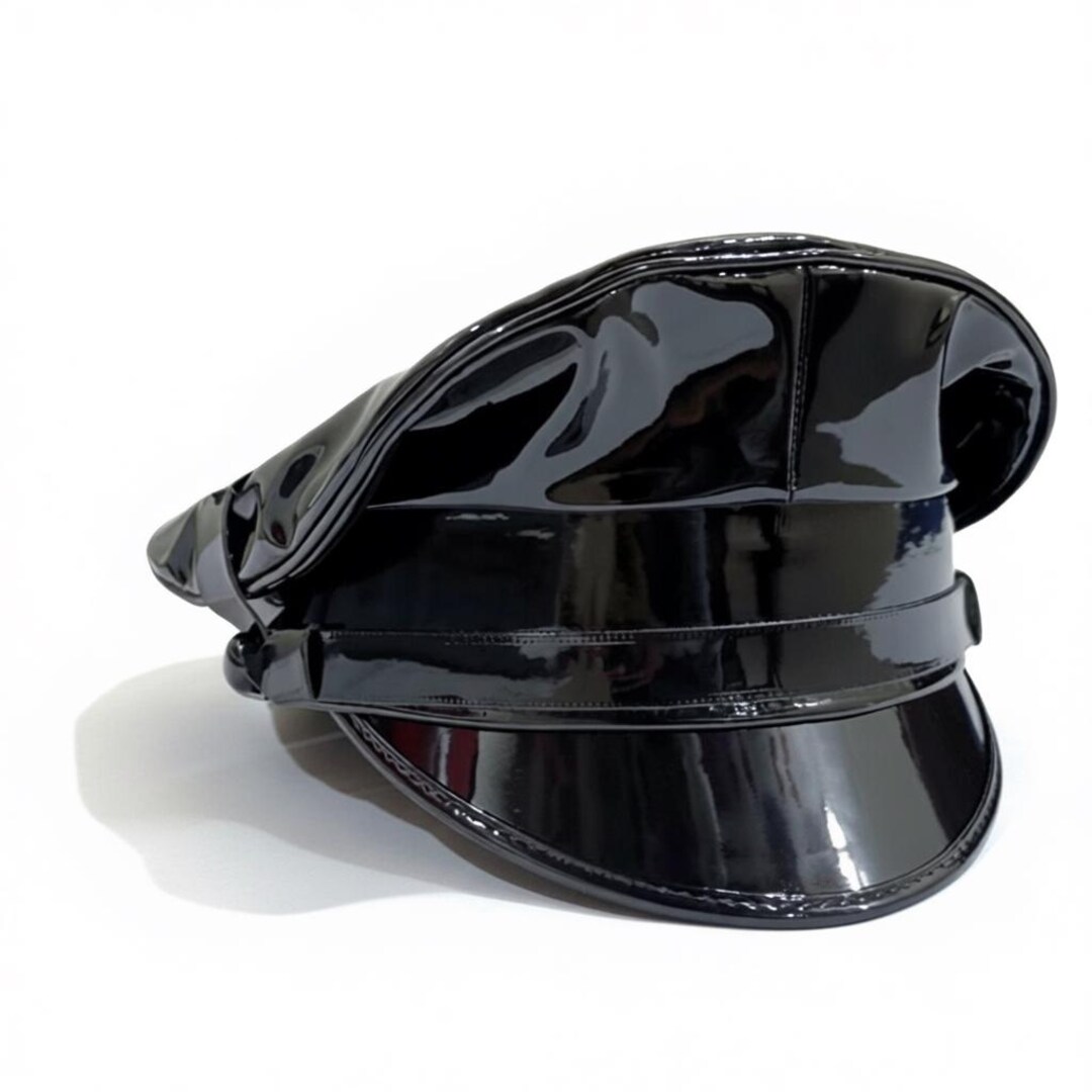 Glossy Jet PVC Peaked Cap – Vegan Leather Biker Officer Style, Club ...