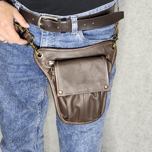Genuine Leather Motorcycle Thigh Bag - Steampunk Hip Pouch Multi-Pockets | Leg Bag with Belt Clip
