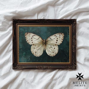 Vintage White Butterfly Print, Moody Teal Wall Art, Cottagecore Insect Decor, Antique Butterfly Painting, Digital Botanical Download