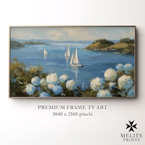 Coastal Sailboats Oil Painting for Samsung Frame TV | Nautical Seascape Digital Art with Hydrangeas | Frame TV Artwork Download