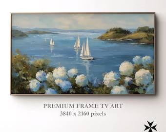 Olieverfschilderij kustzeilboten: zeegezicht met hortensia's, Samsung Frame TV Art (digitale download)