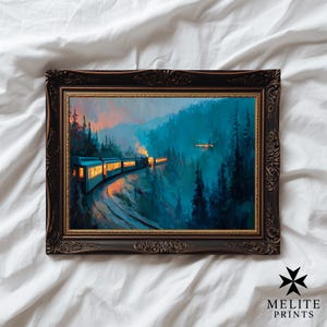 Twilight Train Art Print Peter Doig Inspired Oil Painting Digital Wall Decor Mountain Forest Landscape