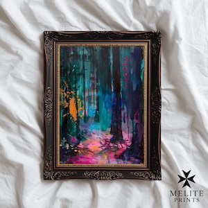 Peter Doig Inspired Oil Painting Digital Art Abstract Neon Forest Wall Decor Teal Magenta Indigo Orange