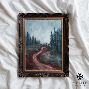 Peter Doig Inspired Oil Painting Print, Moody Wilderness Cabin Art, Crimson Trail Forest Landscape Wall Decor