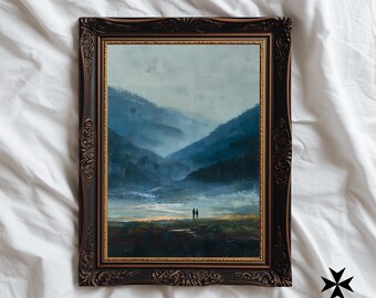 Pode incluir: Pintura de paisagem emoldurada retratando uma cordilheira em tons de azul e verde. A obra de arte apresenta uma moldura ornamental marrom escuro com detalhes dourados. A pintura mostra duas pequenas figuras em primeiro plano. O texto "MELITE PRINTS" está no canto inferior direito.