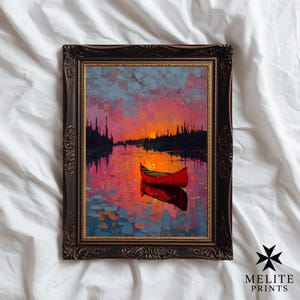Peter Doig Inspired | Red Canoe on Sunset Lake | Dreamy Digital Wall Art | Printable Painting | Mystical Landscape Art