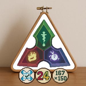May include: A cross-stitch piece in a wooden triangle frame. The design features three colored sections with symbols: green with a staff, red with flames, and purple with a creature. Below are three small circles with additional symbols and numbers. The piece is 167 x 150 stitches.