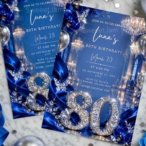 May include: A rectangular 80th birthday invitation card featuring a deep blue background with a crystal-encrusted number 80, silver butterflies, and text that reads: Join us to celebrate Luna's 80th birthday, March 20, at 6:00 PM, 123 Anywhere St, City.