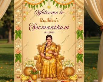 Südindische Royal Seemantham Willkommensschild, Südindische Babyparty Willkommen Godh Bharai Zeichen, Seemantham & Valaikappu Vorlage, Babyparty