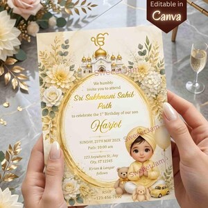 Pode incluir: Um cartão de convite retangular com uma ilustração dourada de um templo, flores e uma criança com turbante amarelo. O texto diz: We humbly invite you to attend Sri Sukhmani Sahib Path to celebrate the 1st Birthday of our son Harjot, Sunday, 25th May 202X, Path: 10:00 am, 123 Anywhere St, City, ST 12345, Kirtan & Langar follows, RSVP 123-456-7890.