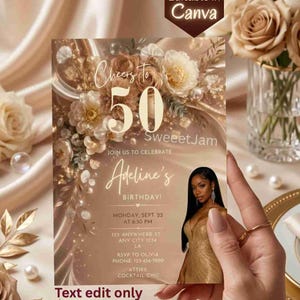 May include: A rectangular birthday invitation card featuring a beige and gold color palette with floral accents, pearls, and a photograph of a person in a gold dress. The text reads Cheers to 50, Adeline's Birthday, and includes event details.