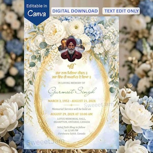 Editable Sikh photo Memorial Invite,white Sehaj Path Bhog, In Loving Memory Invite, sikh funeral Punjabi Memorial Service Digital Template