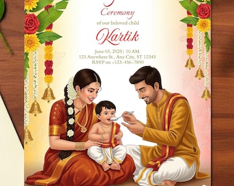 Editable Indian Annaprashan Invite,parents feeding baby, Rice Feeding Ceremony,Printable Digital Template Instant Download,mukhe bhat,pasni