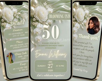 Editable Any age Birthday Invitation with Photo,50th Birthday Invitation, Blooming Into 50, Sage Green Floral Animated video Canva template
