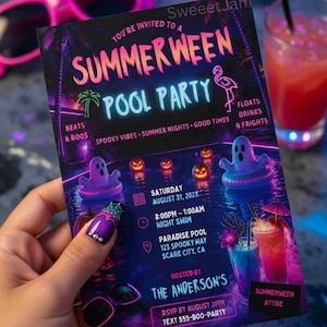 May include: A rectangular party invitation card with a dark purple and blue background featuring neon text that reads Summerween Pool Party. The design includes illustrations of ghosts in pool floats, glowing jack-o'-lanterns, and tropical drinks.