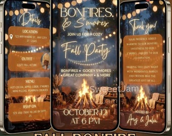 Editable Fall Bonfire Invitation, Bonfire & S’mores Party,Cozy Autumn Night,Fall Party Video Invitation,Digital Canva template