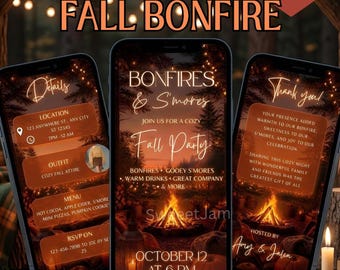 Editable Fall Bonfire Invitation, Bonfire & S’mores Party,Cozy Autumn Night,Fall Party Video Invitation,Digital Canva template