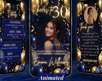Editable Any age Birthday Invitation with Photo,Navy Blue Gold Birthday Party, Cheers to 30 Invite Animated video Canva template