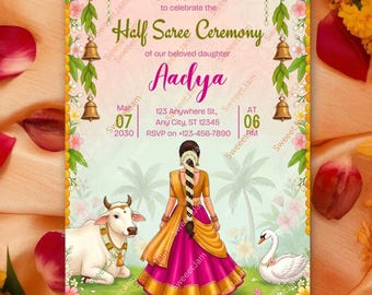 Bearbeitbare traditionelle Tempelgarten Half Saree Ceremony Einladung, Pubertätszeremonie, Südindisch, Langa Voni, Coming-of-Age-Vorlage zum Ausdrucken