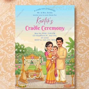 May include: An invitation card for Kartik's Cradle Ceremony. The card features a family illustration with a baby, a cradle, and text that includes the date, time, and RSVP information. The background is a light blue gradient.