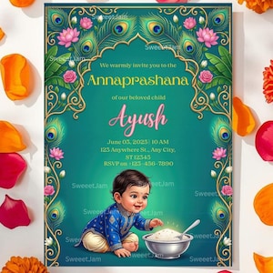 May include: An invitation card for a child's Annaprashana ceremony, featuring a teal background with peacock feather and floral designs. The card includes the child's name, event details, and is surrounded by flower petals.