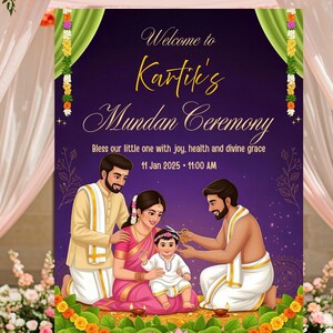 Puede incluir: Un letrero decorativo para una ceremonia de Mundan, con una ilustración de una familia. El letrero es morado con letras doradas y adornos florales. La fecha y hora del evento se muestran. El letrero está sobre un caballete de madera.