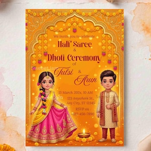 May include: An invitation card with an orange background and ornate gold detailing. The card features illustrations of a couple in traditional Indian attire and text that reads "Half Saree & Dhoti Ceremony". Decorative flowers and a wax seal surround the card.