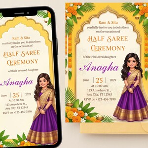 Editable Half Saree Ceremony Invitation,puberty ceremony,traditional south indian, Langa Voni,Coming-of-Age Digital Template printable