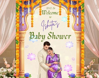 Indian royal Couple Baby Shower Welcome Sign editable ,Godh Bharai welcome, marigold flower Seemantham Decor, mom to be welcome Printable