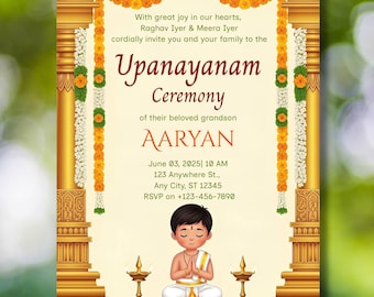 Upanayanam Einladung | Bearbeitbare Heilige Faden Zeremonie Karte | Südindischer Faden Digitale Einladung, Vedische Digitale Vorlage Download