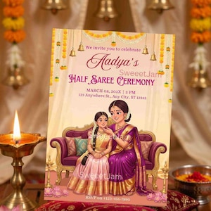 Editable Traditional South Indian Half saree Invitation,puberty ceremony,south indian, Langa Voni ceremony ,Coming-of-Age Template printable