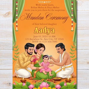 Könnte beinhalten: Einladungskarte für eine Mundan-Zeremonie mit einer Familienillustration im traditionellen indischen Stil. Die Karte hat einen orangefarbenen Hintergrund mit grünen und goldenen dekorativen Elementen. Der Text enthält die Namen Rohan Mehra & Priya Mehra und den Namen Aadya.