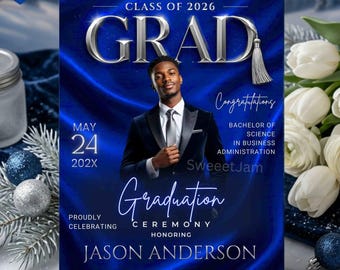 EDITABLE Graduation Invitation,Graduation Flyer, Blue Graduation Party,Grad Announcement Add Your Photo,Printable, Digital Canva Template