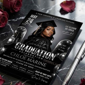May include: A graduation announcement featuring a photo of a woman in a cap and gown. The black and silver design includes the graduate's name, Chloe Marine, and event details. Red roses and a silver pen accent the announcement.
