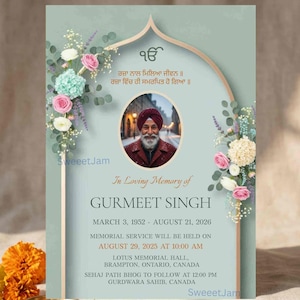 May include: A memorial card with a photo of Gurmeet Singh, framed by floral arrangements in pink, white, and blue. The card includes dates, service details, and text in English and another language.