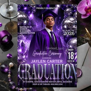 May include: A rectangular graduation ceremony invitation featuring a portrait of a person in a purple cap and gown. The design includes purple balloons, crystal graphics, and text reading Proudly Celebrating, Bachelor of Science in Business Administration, Class of 2026, Jaylen Carter, May 18 2026, Graduation, and event details.