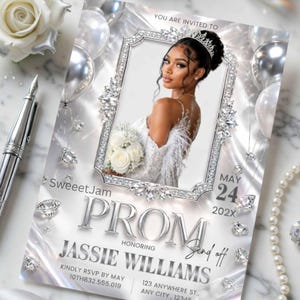 May include: A silver and white prom invitation featuring a photo of a woman in a formal gown and a tiara. The invitation includes the text "PROM" and "Jassie Williams" with the date "MAY 24 202X".