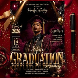 Op de afbeelding: Een afstudeeraankondigingskaart met een persoon in een bordeauxrode toga en baret. De tekst bevat: THE TASSEL WAS WORTH THE HASSLE, Proudly Celebrating, Class of 2026, MAY 18 2026 3:00PM, Jalen's GRADUATION ceremony, Congratulations, BACHELOR OF SCIENCE IN BUSINESS ADMINISTRATION.