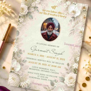 May include: A memorial service announcement card featuring a portrait of a man in a maroon turban, decorated with white roses and orchids. The text reads In Loving Memory of Gurmeet Singh, March 3, 1952 - August 21, 202X, and service details.
