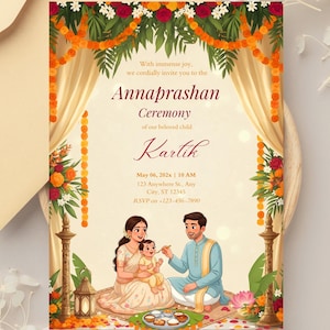 May include: An invitation card for an Annaprashan ceremony. The card features a family illustration with floral and decorative elements. The text reads "Annaprashan Ceremony" and includes the child's name, date, time, and RSVP information.