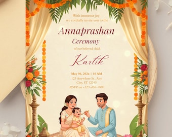 Editable Annaprashan Invite,parents feeding baby, Rice Feeding Ceremony,Printable Digital Template Instant Download,mukhe bhat,pasni