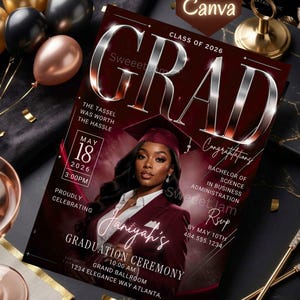 May include: A graduation ceremony invitation card featuring a deep burgundy background with large silver metallic text reading GRAD. The design includes a portrait of a graduate in a burgundy cap and blazer, with event details for May 18, 2026.