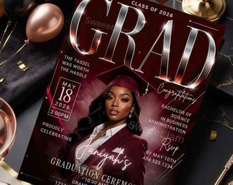 EDITABLE Graduation Invitation, Grad Party Invite, Burgundy Graduation Class of 2026, Add Your Photo,Printable, Digital Canva Template