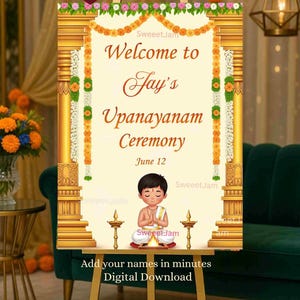 May include: A rectangular 18 x 24 inch welcome sign for an Upanayanam ceremony. The design features gold pillars, marigold garlands, and a central illustration of a child in traditional attire praying before a small fire, with text reading Welcome to Jay's Upanayanam Ceremony June 12.