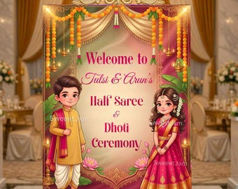 Editable Royal Half Saree and Dhoti Ceremony welcome sign, Brother Sister Ceremony, Pattu Pavadai veshti South Indian Digital template